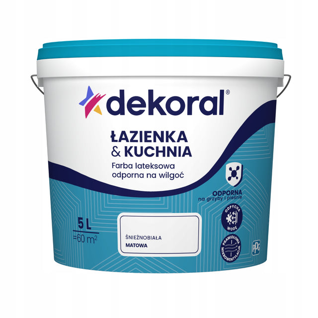 Dekoral Farba lateksowa Łazienka&Kuchnia odporna na wilgoć biała 5l emulsja ścienna matowa, śnieżnobiała, wydajność 12 m²/l