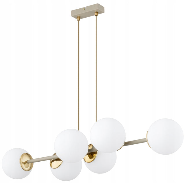 Lampa Wisząca Sufitowa Plafon Żyrandol Szklane Kule Milo Beżowy Ecru Złoty 6-punktowa oprawa metalowa E27, klosze 14 cm, wysokość 110 cm