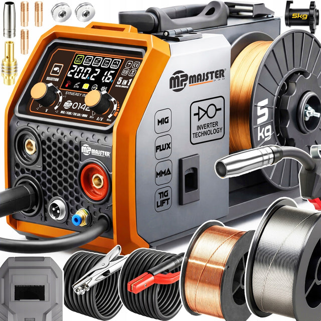 Spawarka inwertorowa migomat igbt flux MIG MAG MMA 200A MP0142 mocna 5kg półautomat spawalniczy TIG, drut 0,6-1,0 mm, 230 V, cykl pracy 60%