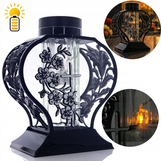 Znicz Solarny LED Fotowoltaiczny Czarny Srebro Krzyż Kwiaty 25cm Nowoczesny na cmentarz, nagrobny lampion, dekoracja grobu