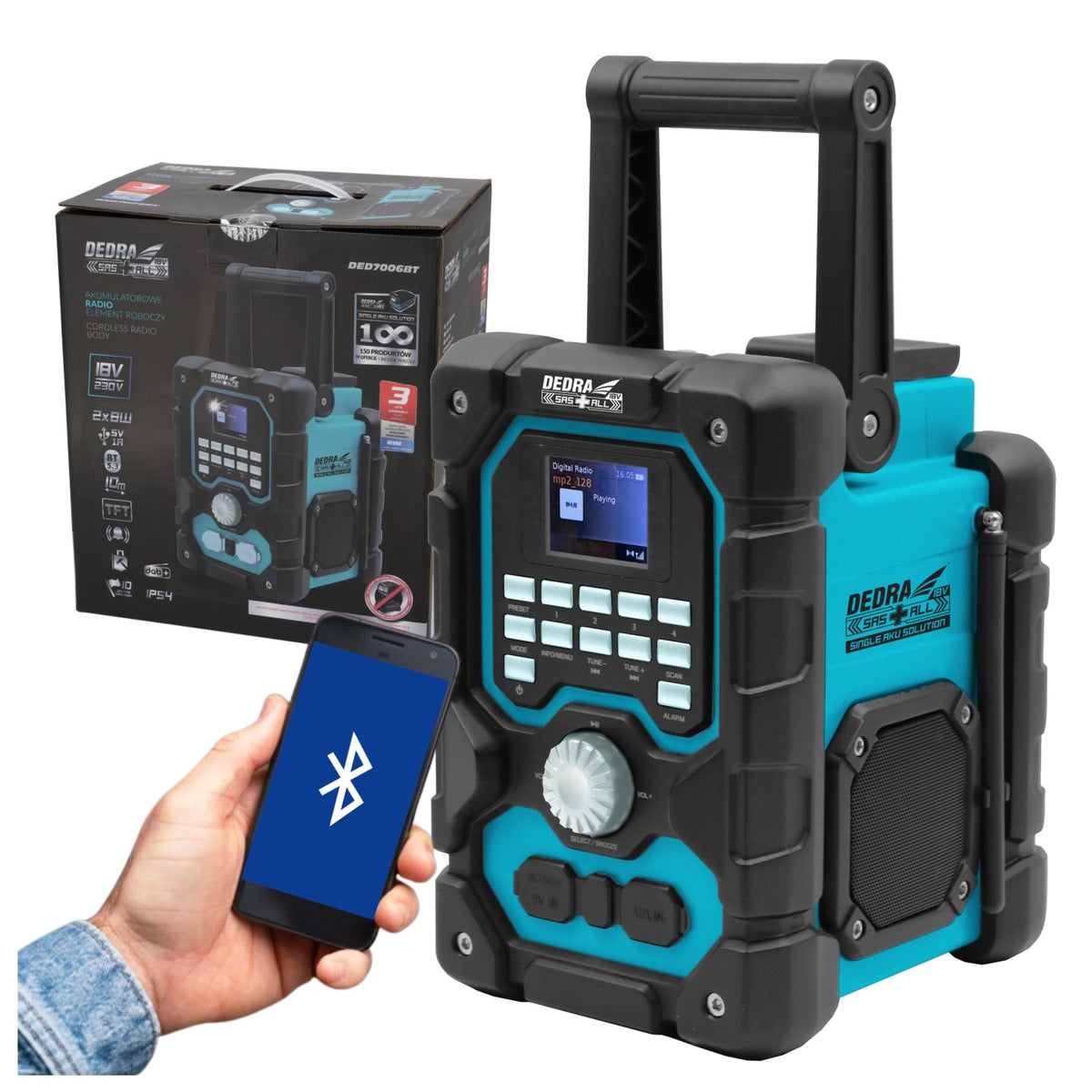 DEDRA RADIO BUDOWLANE DAB+/FM BLUETOOTH USB AKUMULATOROWE 18V DED7006BT odbiornik audio do warsztatu i na plac budowy