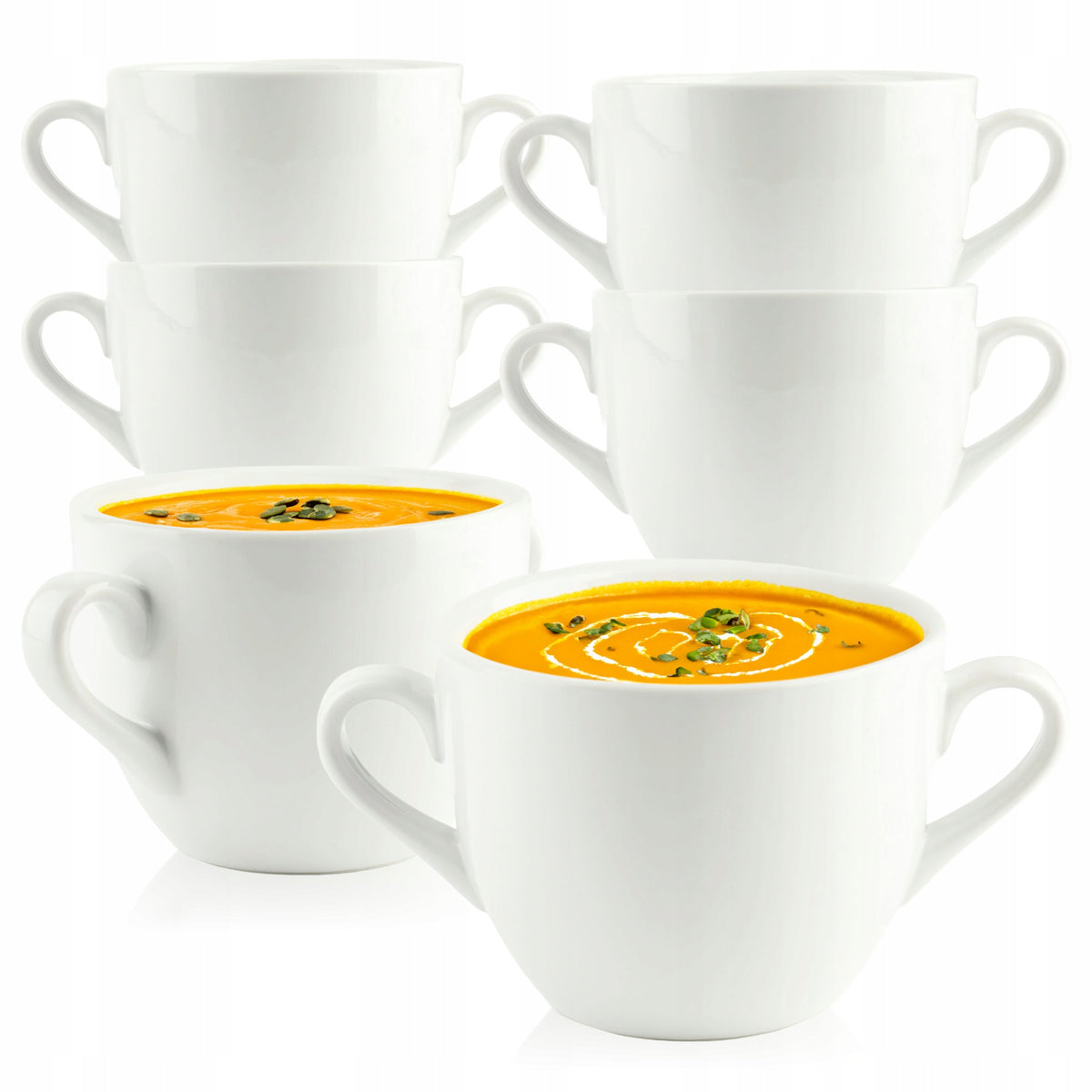 6x BULIONÓWKA PORCELANOWA 650 ML Z UCHWYTAMI MISKA OBIADOWA DO ZUPY KREMU na rosół, mikrofalówki i zmywarki, biała