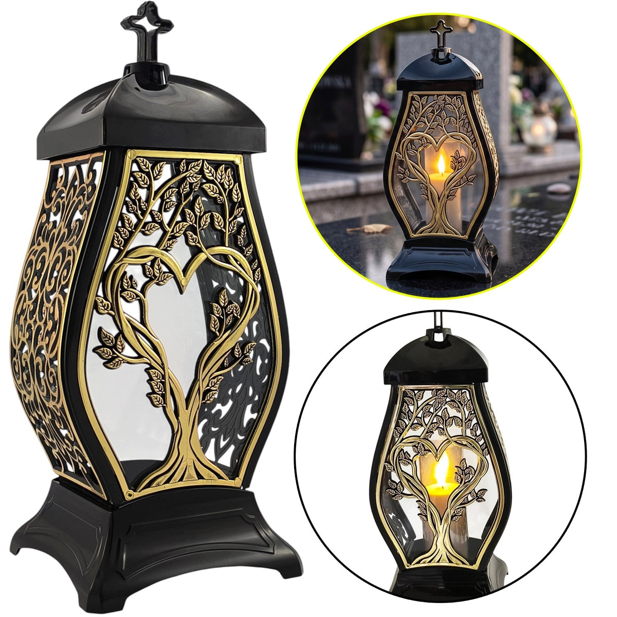 Znicz kapliczka na grób czarno-złota drzewo krzyż elegancki nagrobny lampka cmentarna LED, wysokość 36 cm