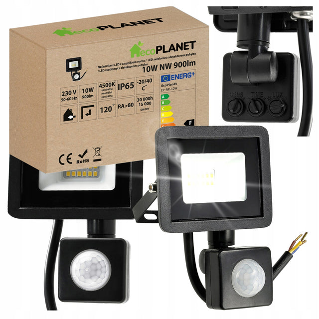Halogen LED 10W 1100lm Lampa z Czujnik Ruchu Zmierzchu Naświetlacz IP65 reflektor zewnętrzny, oświetlenie elewacji, biały neutralny 4500K
