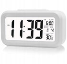 Budzik zegar wyświetlacz LED elektroniczny cyfrowy nowoczesny biały alarm, zegarek stołowy, do sypialni, na szafkę nocną