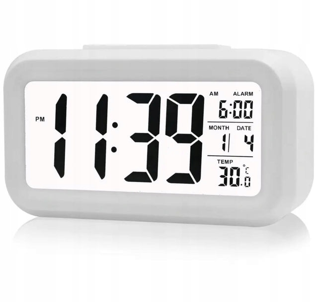 Budzik zegar wyświetlacz LED elektroniczny cyfrowy nowoczesny biały alarm, zegarek stołowy, do sypialni, na szafkę nocną