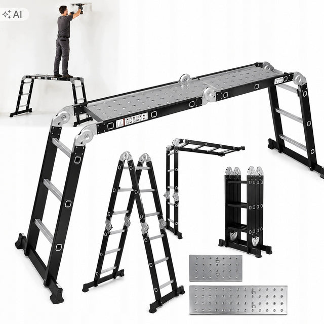 Drabina aluminiowa przegubowa wielofunkcyjna podest 4X3 składana rozkładana do prac na wysokości, 12 szczebli, udźwig 150 kg, wysokość robocza 5 m