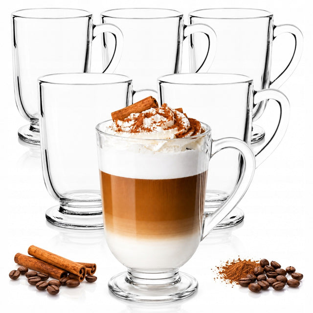 6x szklanki do kawy latte herbaty 300ml szklanka komplet z uchem szklane kubki, przezroczyste, można myć w zmywarce