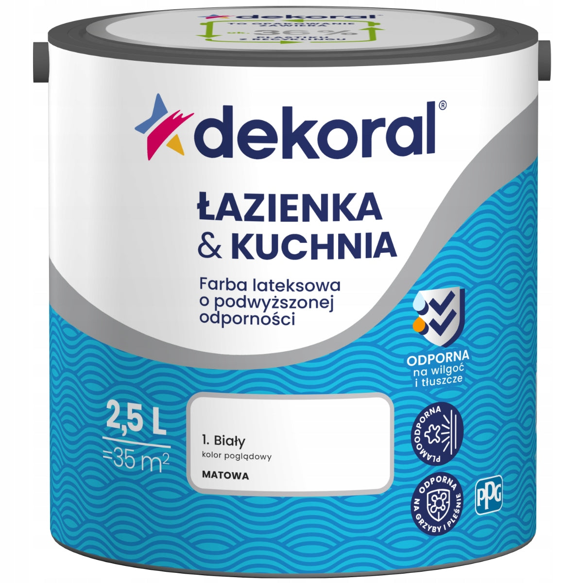 Dekoral Łazienka&Kuchnia Farba lateksowa odporna na wilgoć biała 2,5l do ścian, półmatowa, wydajność 14 m²/l