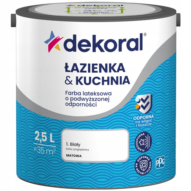 Dekoral Łazienka&Kuchnia Farba lateksowa odporna na wilgoć biała 2,5l do ścian, półmatowa, wydajność 14 m²/l
