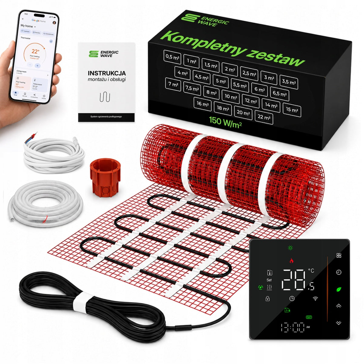 Mata Grzewcza Zestaw Ogrzewania Termostat 150W 3m2 Mata Grzejna pod Płytki elektryczne 6 m 50 cm 150 W/m²