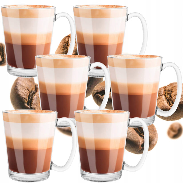 Szklanki do latte komplet 300ml do kawy herbaty 6szt szklanka uchem prezent podwójne ścianki, szkło, można myć w zmywarce