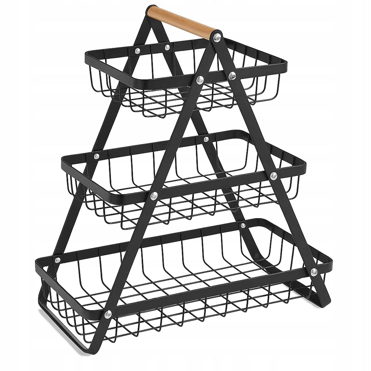 Metalowy kosz koszyk na owoce warzywa trzypoziomowy loft stojak patera organizer kuchenny do przechowywania, czarny, 50