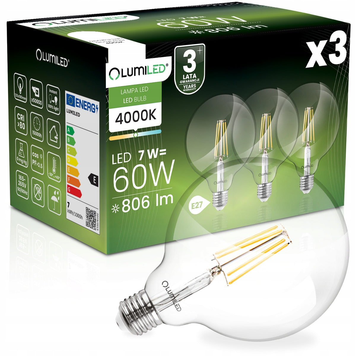 3x żarówka LED E27 kula G125 7W = 60W 806LM 4000K 360° ozdobna lumiled bańka glob do lamp wiszących i stołowych