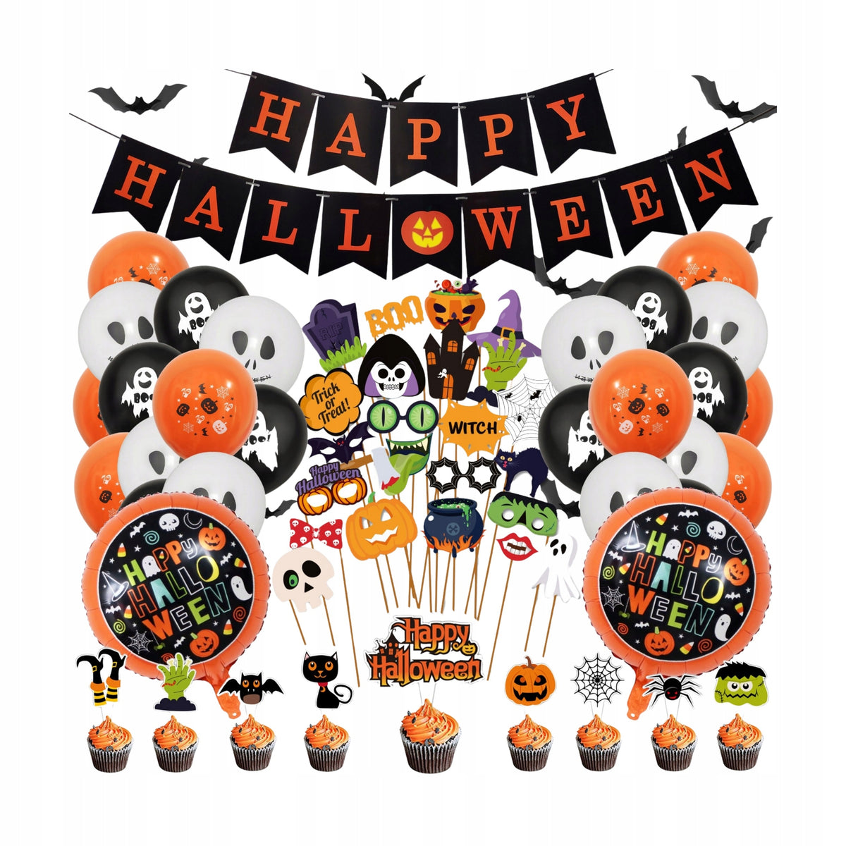 GIRLANDA HAPPY HALLOWEEN BALONY DUCHY ZESTAW REKWIZYTY DO ZDJĘĆ TOPPER 72el ozdoby na przyjęcie, akcesoria do fotobudki