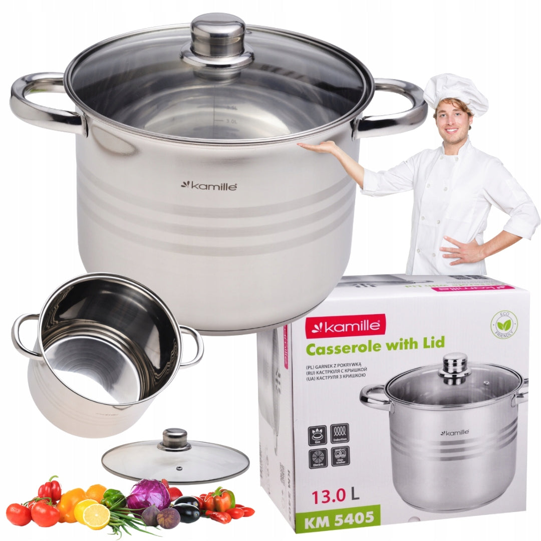 Garnek wysoki duży stalowy rosół bigos 13 L GAZ indukcja kamille naczynie nierdzewne z pokrywą, na kuchenkę ceramiczną