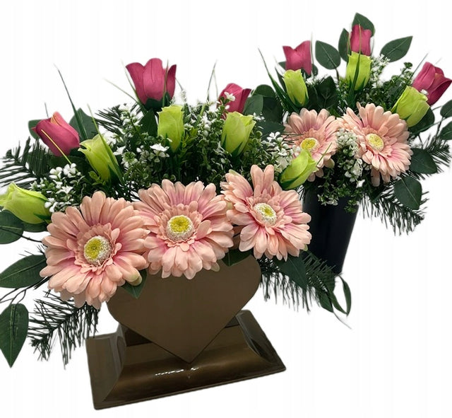 Stroik na cmentarz grób kompozycja zestaw wazon serce sztuczne kwiaty dekoracja nagrobna, ozdoba na Wszystkich Świętych, 34 cm