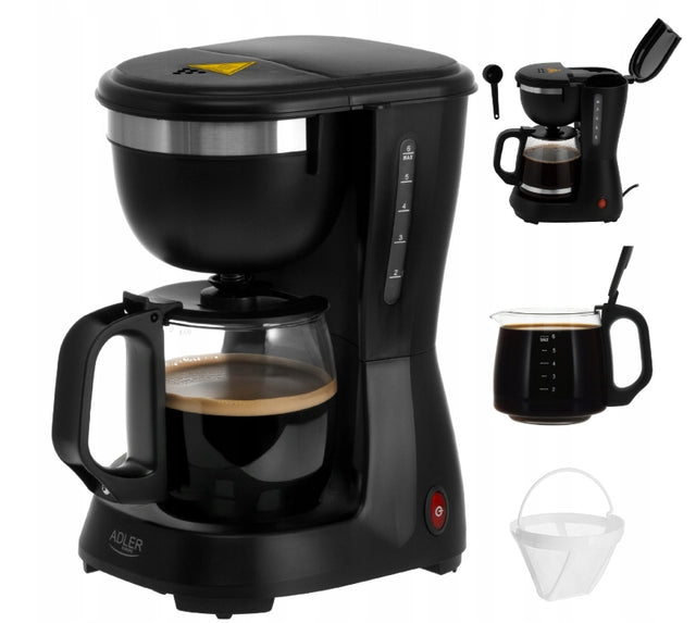 Ekspres Adler AD 4381 Black Przelewowy 0,6l 600W Szklany Dzbanek do parzenia kawy, automatyczne wyłączanie, sterowanie mechaniczne
