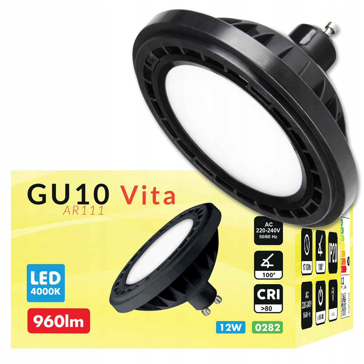 Żarówka LED GU10 Neutralna Biała 12W AR111 4000K 1160lm Halogenowa lampa reflektorowa do opraw punktowych, źródło