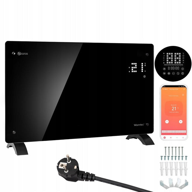 Grzejnik elektryczny szklany konwektorowy programowalny timer 2500W WiFi 820 mm 470 mm grzewcza czarny