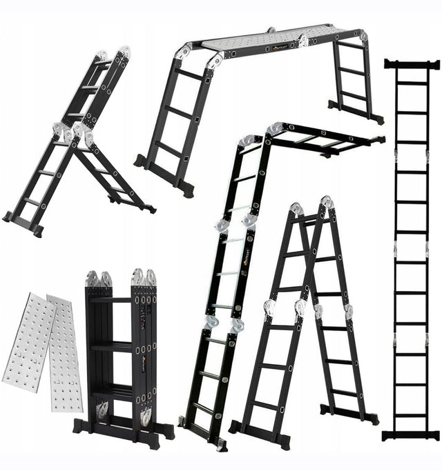 Drabina aluminiowa przegubowa składana wielofunkcyjna 4x3 stab.81cm+podest do domu i warsztatu, udźwig 150 kg, wysokość robocza 4,5 m