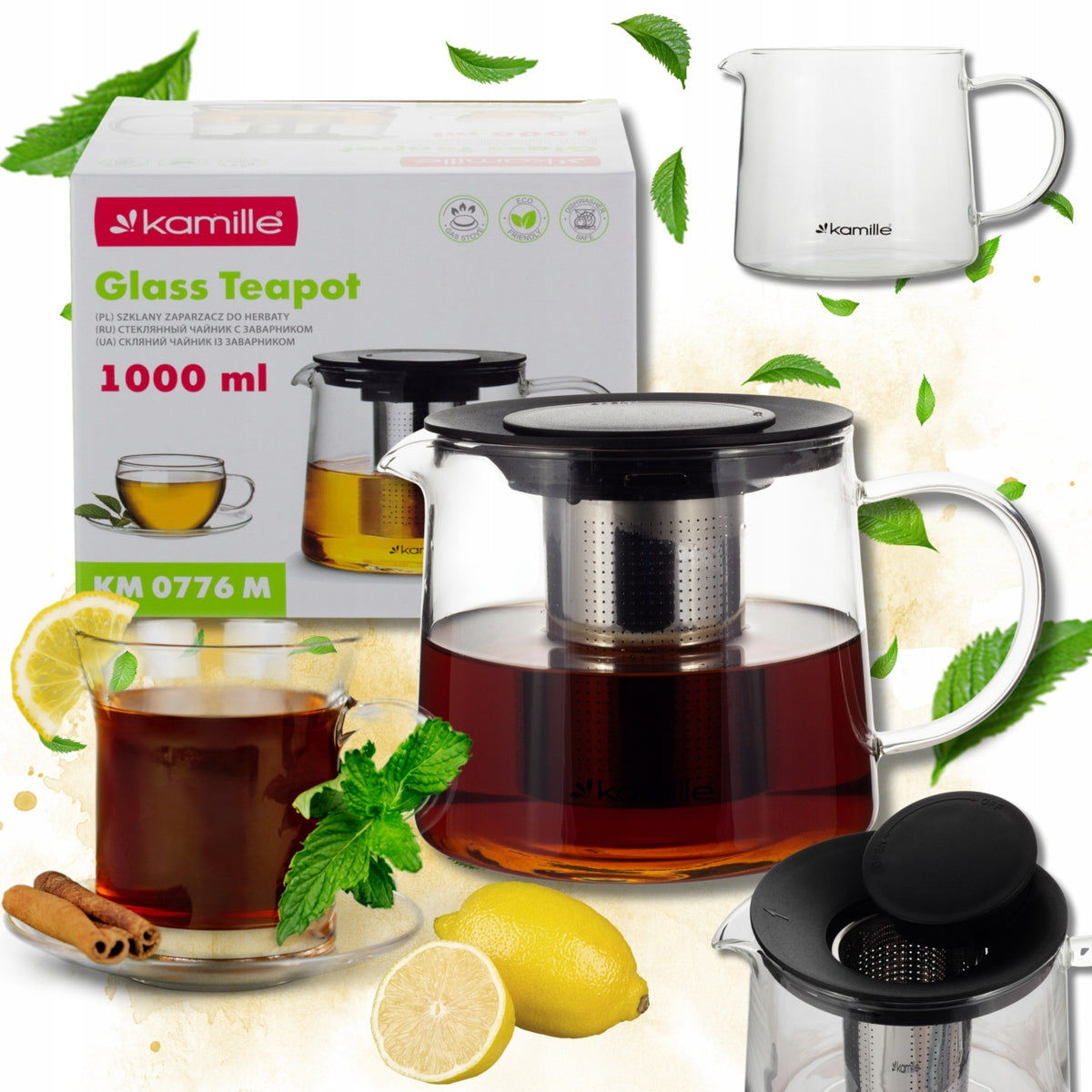 Szklany dzbanek do herbaty ziół lemoniady zaparzacz z sitkiem kamille 1l imbryk czajniczek na napary 1000 ml