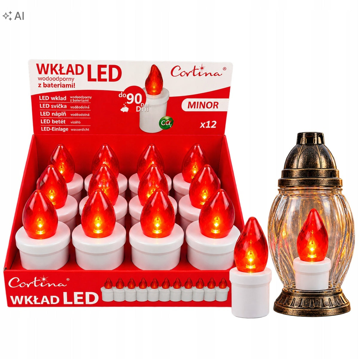 WKŁADY DO ZNICZY LED ELEKTRYCZNE 90 DNI + BATERIE 12 SZT. CZERWONE lampki nagrobne, świeczki cmentarne, oświetlenie