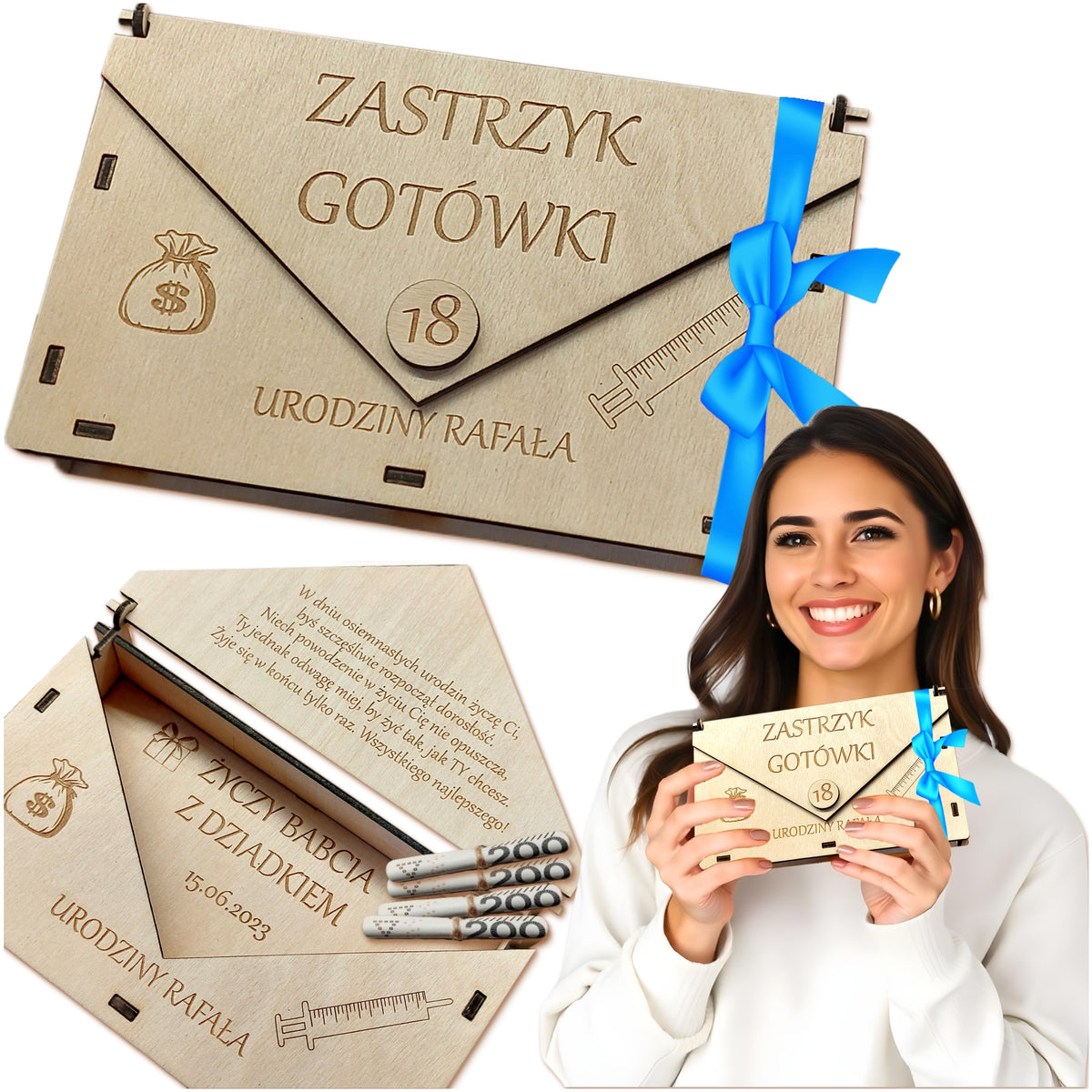 Pudełko koperta na pieniądze prezent na 18 urodziny 18STKE zastrzyk gotówki ramka z życzeniami, grawerowana pamiątka