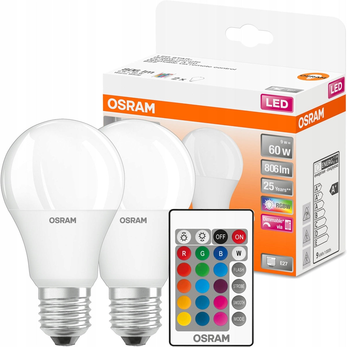 2x Żarówka LED A60 E27 9W = 60W osram rgbw pilot źródło światła, oświetlenie wielokolorowe, 806 lm, ciepła biel 2700K