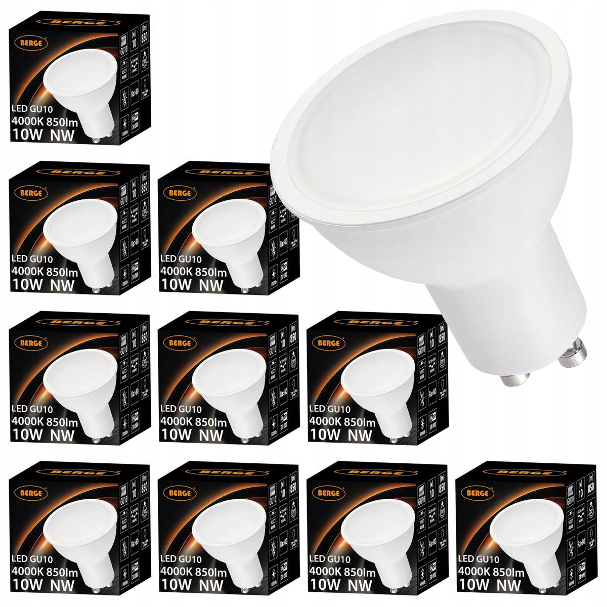 Żarówka LED GU10 10W 850lm Barwa Neutralna Dzienna 4500K 230V Zestaw 10x spot reflektorowy do lamp i opraw sufitowych