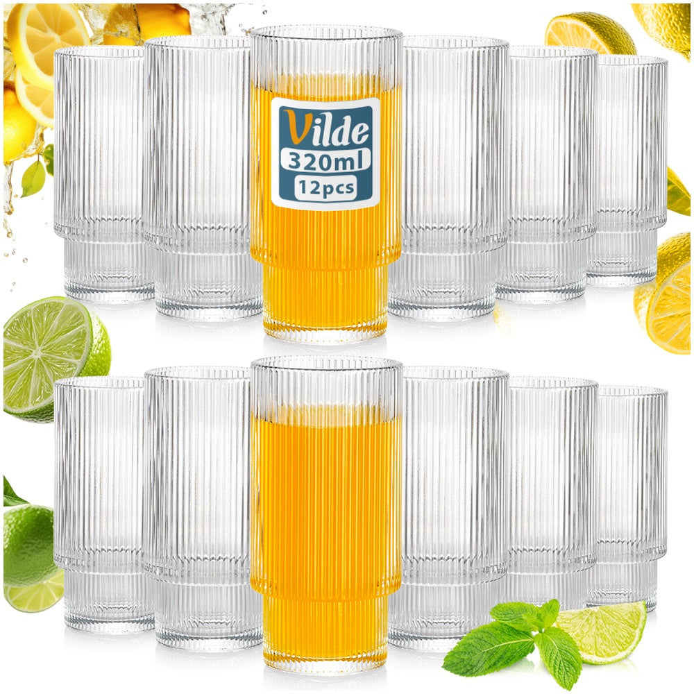 12x Szklanki RYFLOWANE do napojów wody drinków zestaw komplet szklanek 320 przezroczyste szkło, 320 ml, można myć w