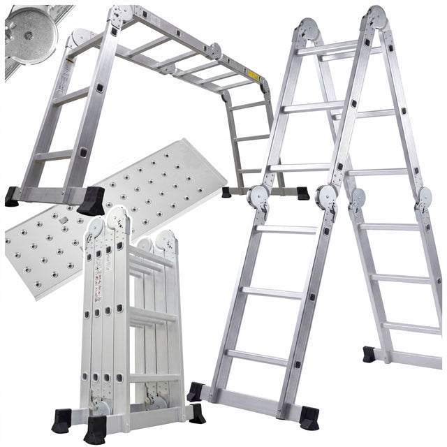 Drabina aluminiowa składana przegubowa wielofunkcyjna 4x3 + podest DWP43 do remontu i prac budowlanych, udźwig 150 kg, 12 szczebli, 4,3 m
