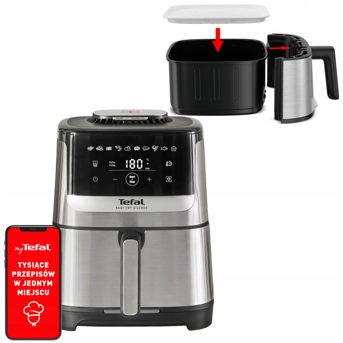 Frytkownica beztłuszczowa tefal Easy Fry Silence EY552D 5 l Air Fryer srebrny/szary
