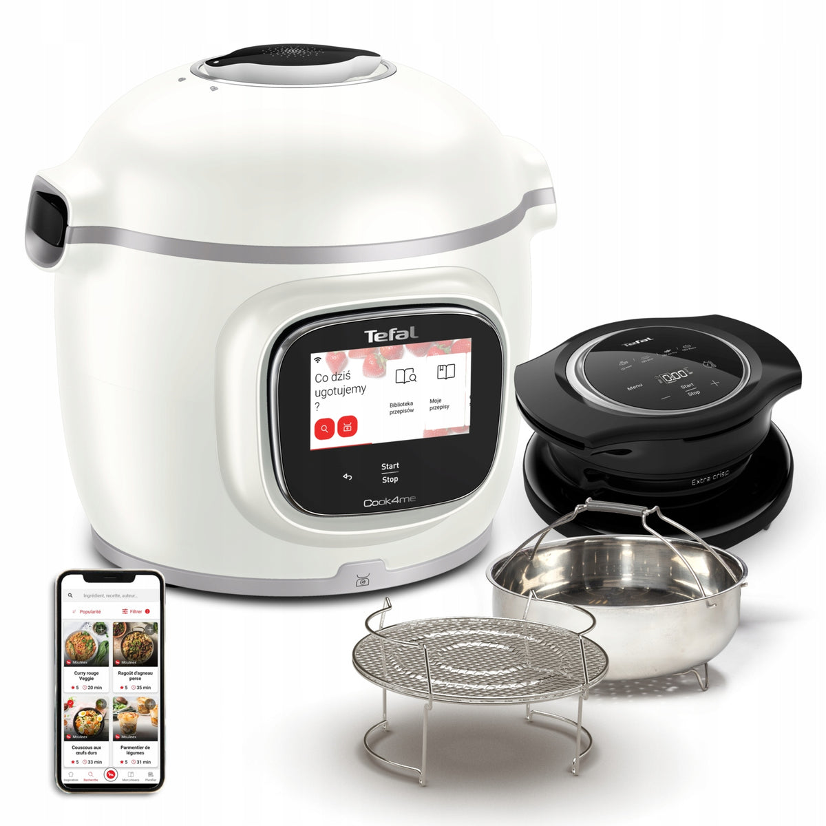 Multicooker tefal Cook4Me z pokrywą do zapiekania air fryer 1300 przepisów 6 l 1600 w biały