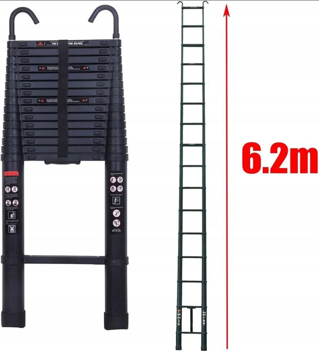 Drabina teleskopowa przystawna 7,5m haki aluminiowa, 15 szczebli, do prac na wysokości, remontu i montażu