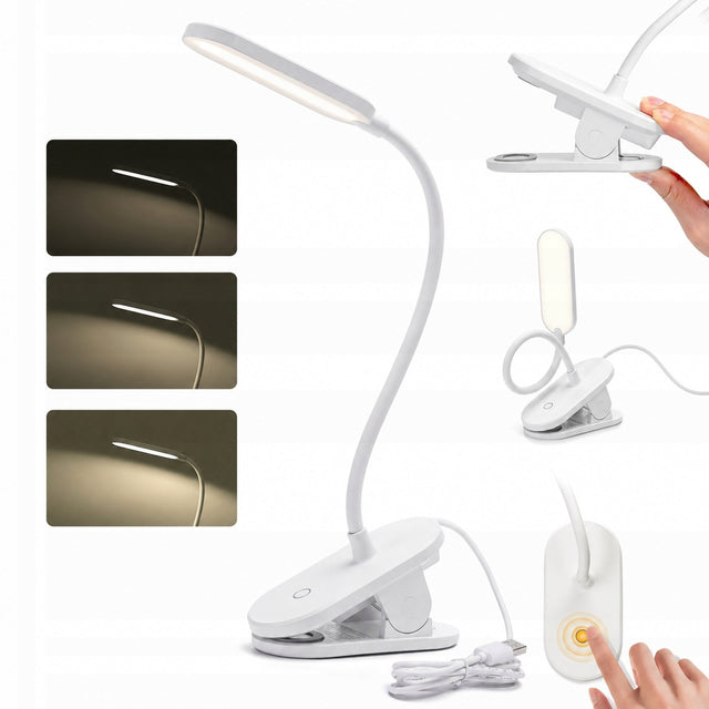 Lampka nocna biurkowa na klips lampka led do czytania biały Aigostar lampa stołowa, ściemniana, zasilana sieciowo, 2,5 w
