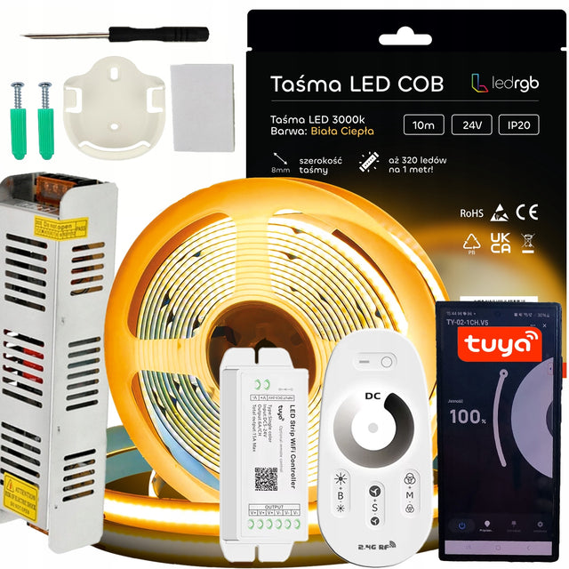 Zestaw Taśma LED COB 24V 10m 3000K biała ciepła zasilacz tuya wifi pilot RF oświetlenie wnętrz 100 w 1000 lm sterowanie bezprzewodowe
