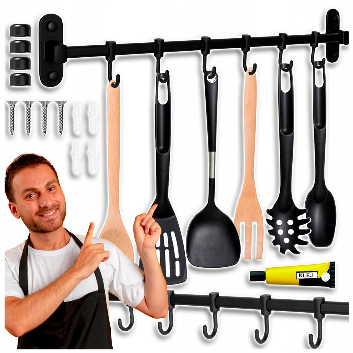 Wieszak na przybory kuchenne reling uchwyt haczyki organizer do kuchni loft drążek 50 cm czarny montaż bezinwazyjny lub