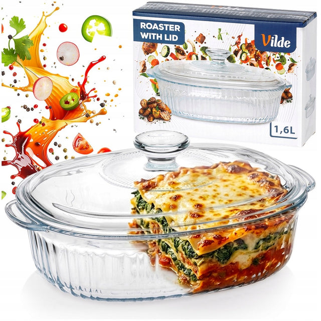 Naczynie żaroodporne szklane do pieczenia zapiekania forma brytfanka 1,6l pokrywka w zestawie, owalne, mikrofala, zamrażarka, zmywarka