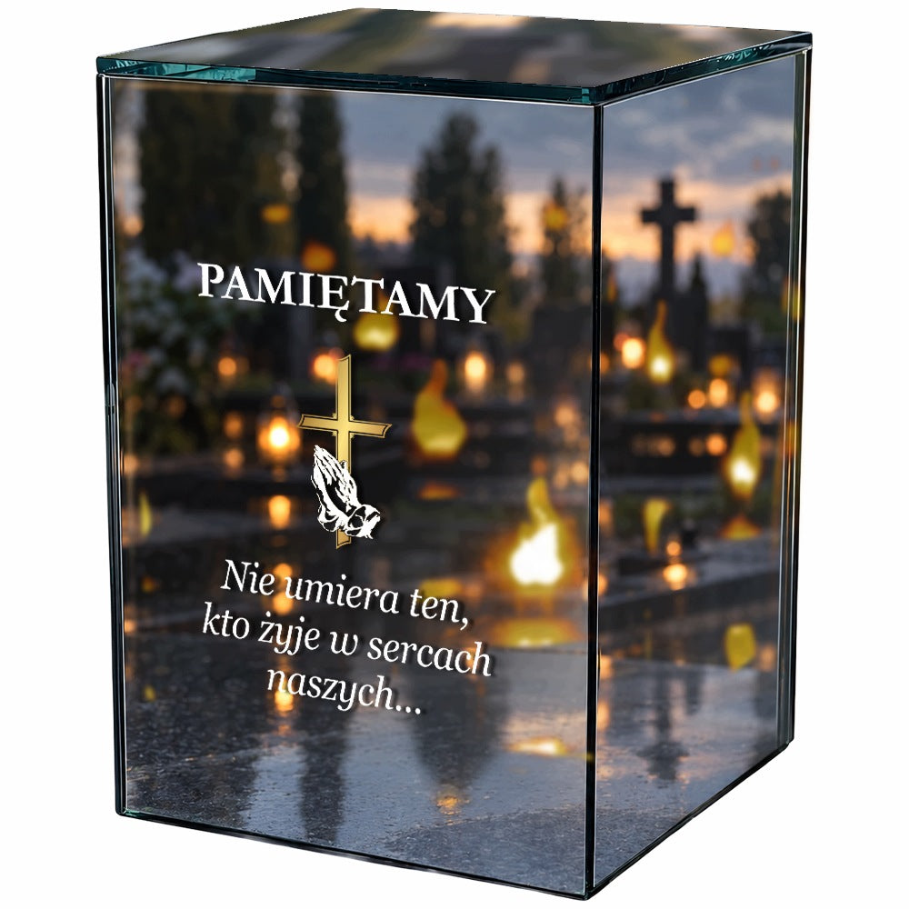 Znicz Lustrzany LED z Grawerem na Grób Cmentarz Elegancki Efekt Płomienia lampion bateryjny, ponad 75 godzin działania