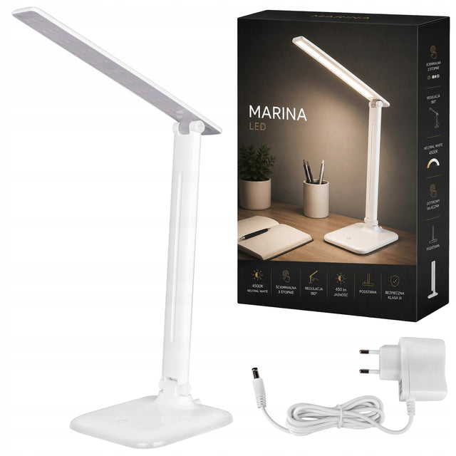 Lampka LED Na Biurko Biurkowa Nocna Szkolna Dotykowa Ściemnialna Regulowana do czytania, nauki, biała, zasilanie sieciowe, 36 cm, 9 w