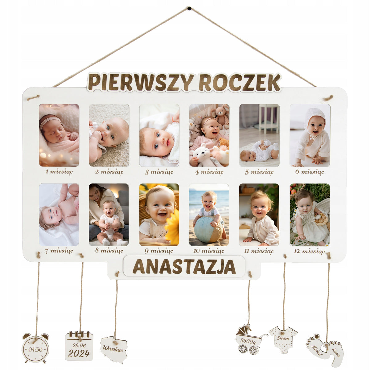 Ramka Na Zdjęcia Metryczka Na Ścianę Prezent Na Urodziny Roczek Dziecka kolaż fotografii, wieloelementowa