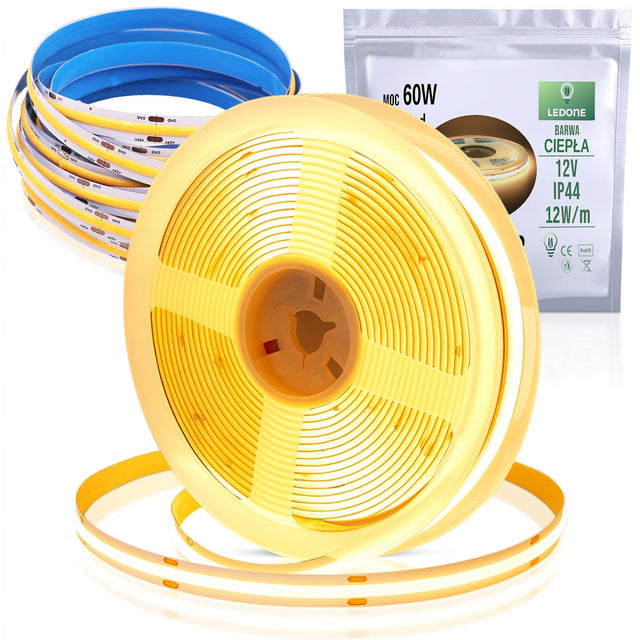 Taśma LED COB 12V 12w/m ip44 neon ciepła 5m linia pasek świetlny, oświetlenie dekoracyjne, podświetlenie, 1200 lm, 60 w