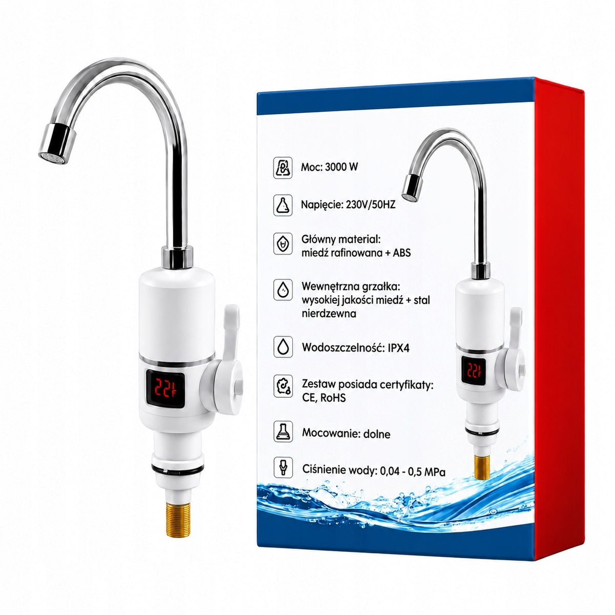 Przeplywowy podgrzewacz wody elektryczny wyswietlacz LCD bateria kuchenna 1 l 3000 W 230 V