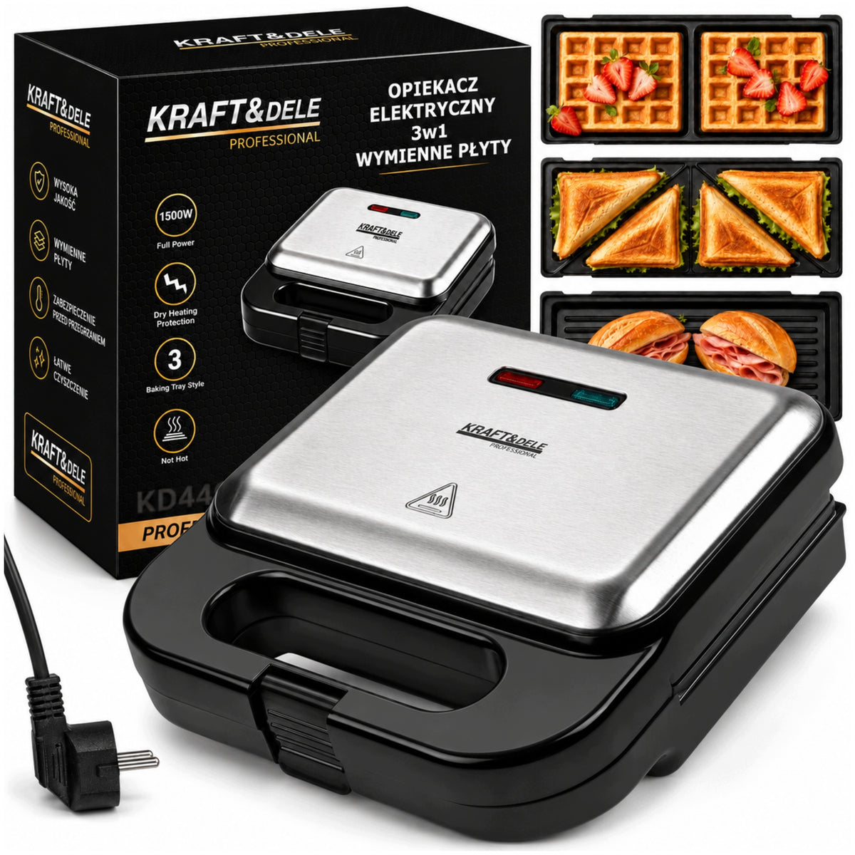 Opiekacz gofrownica grill 3W1 toster do kanapek sandwich tostów 1500W mocny nominalna czarny