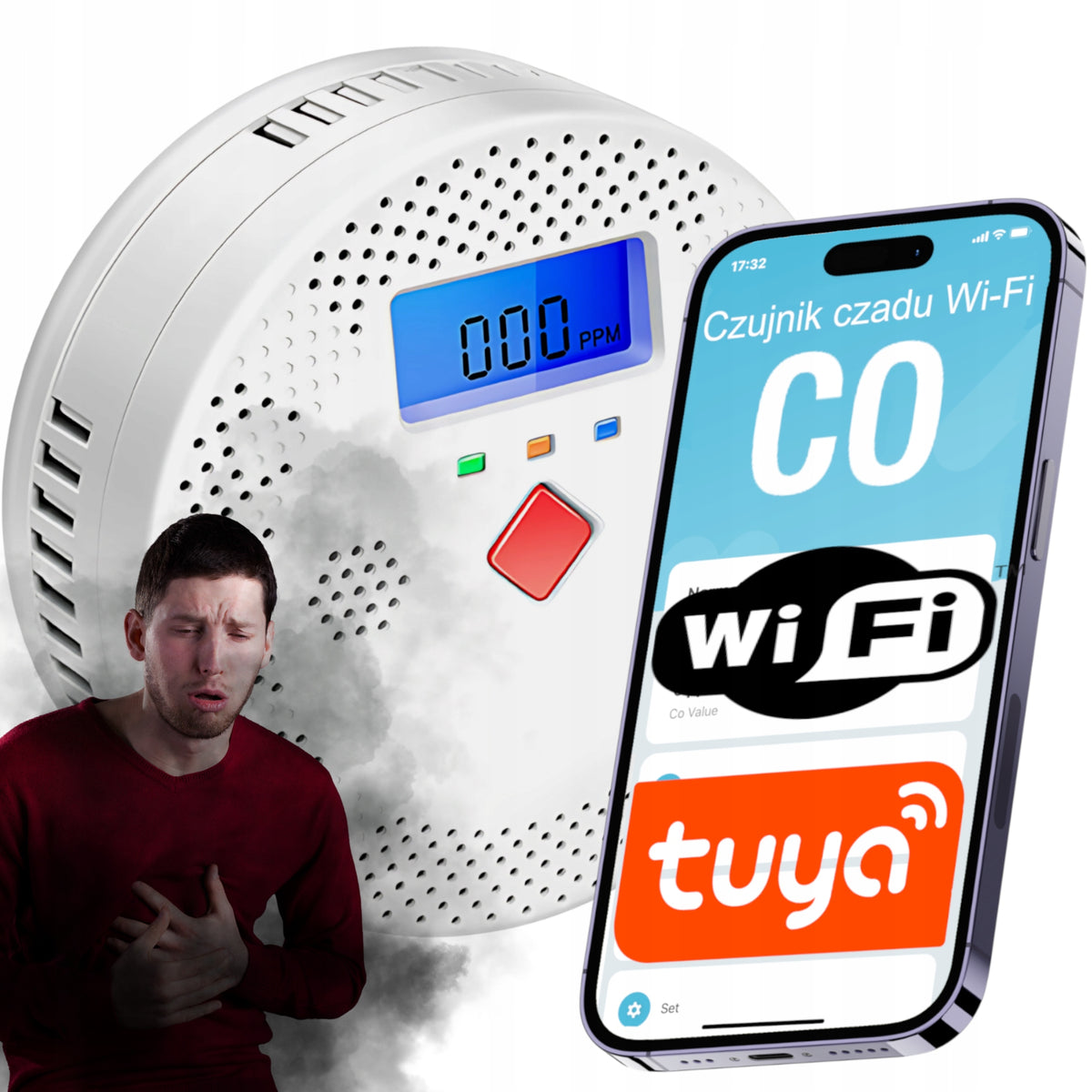 Czujnik detektor czadu gazu tlenku węgla CO tuya wifi certyfikowany czujka alarm dźwiękowy, zasilanie bateryjne, do