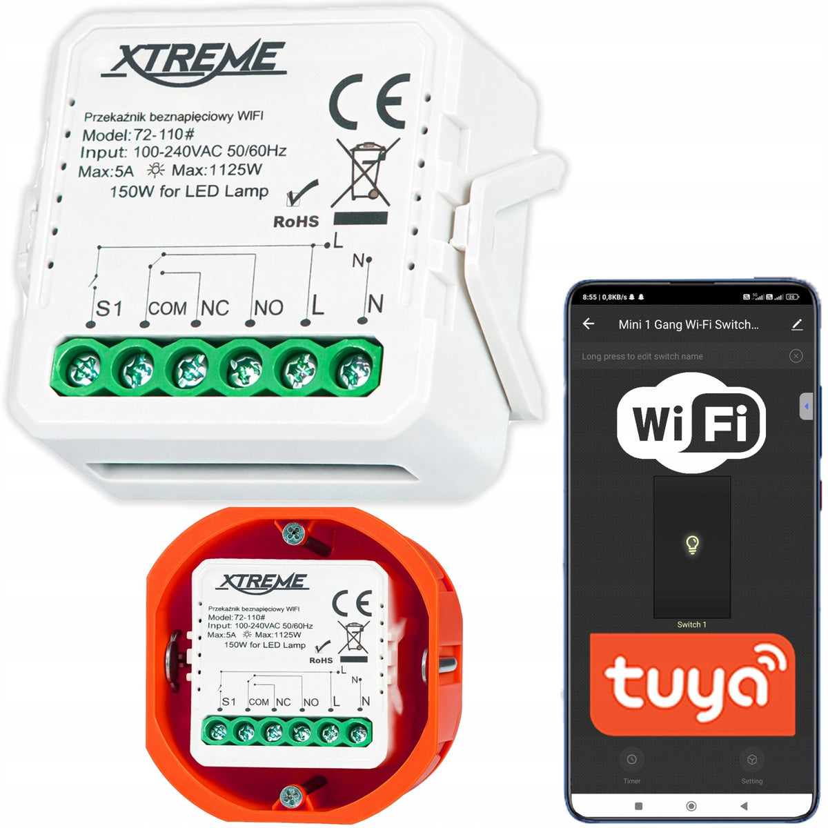 Inteligentny przełącznik przekaźnik włącznik wifi tuya beznapięciowy smart sterownik do automatyki domowej, zasilanie