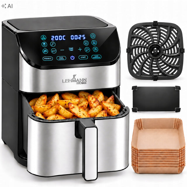 Frytkownica beztłuszczowa airfryer 8l nieprzywierająca lehmann 12 programów srebrny/szary