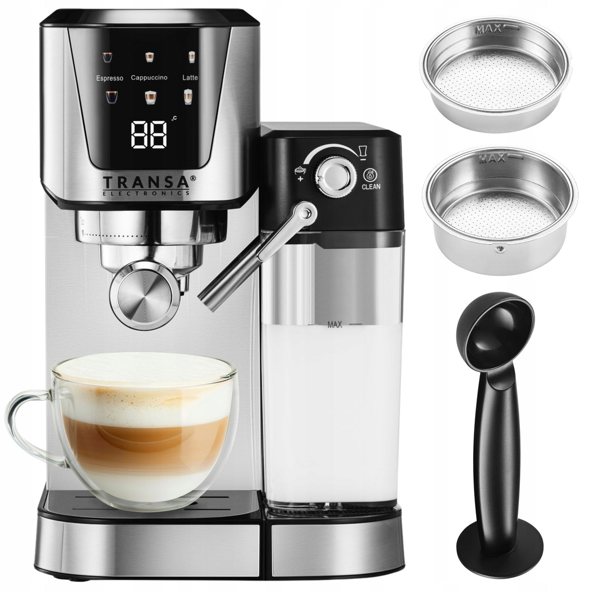 Ekspres ciśnieniowy kolbowy ze spieniaczem automat LCD Pompka ulka 20 BAR do kawy mielonej, cappuccino, latte