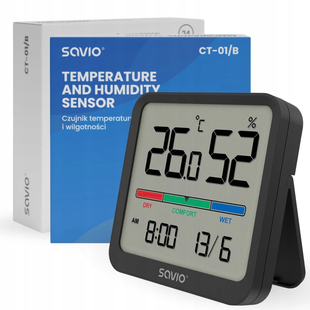 Savio Termometr Higrometr Czujnik Temperatury i wilgoci CT-01/B Zegar Data miernik z wyświetlaczem, zasilanie